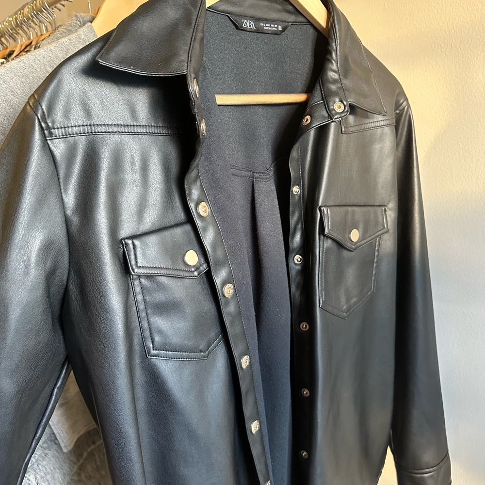 ZARA Black Faux Leather Oversized Button Up